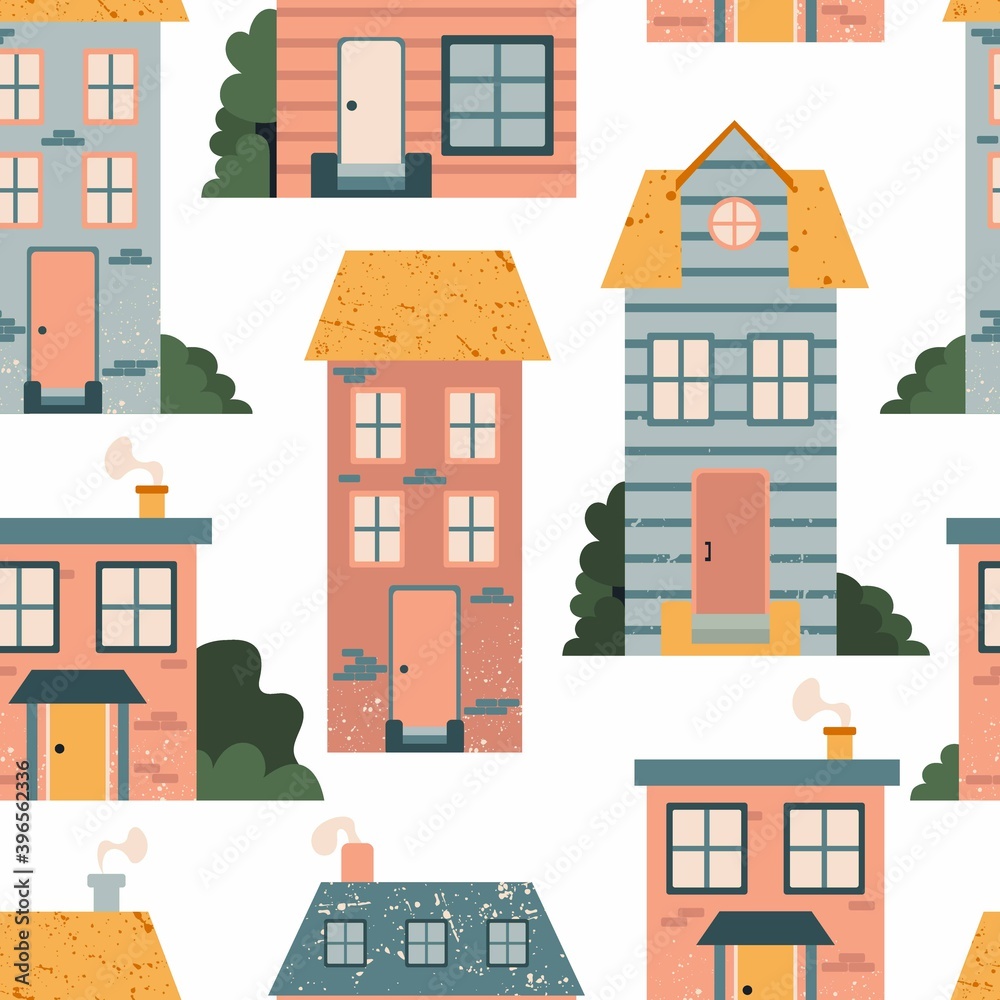 Cartoon Cottage seamless pattern. Hand drawn home facade street, townhouse and family house in countryside, urban fabric decor textile, wrapping paper wallpaper vector texture on white background