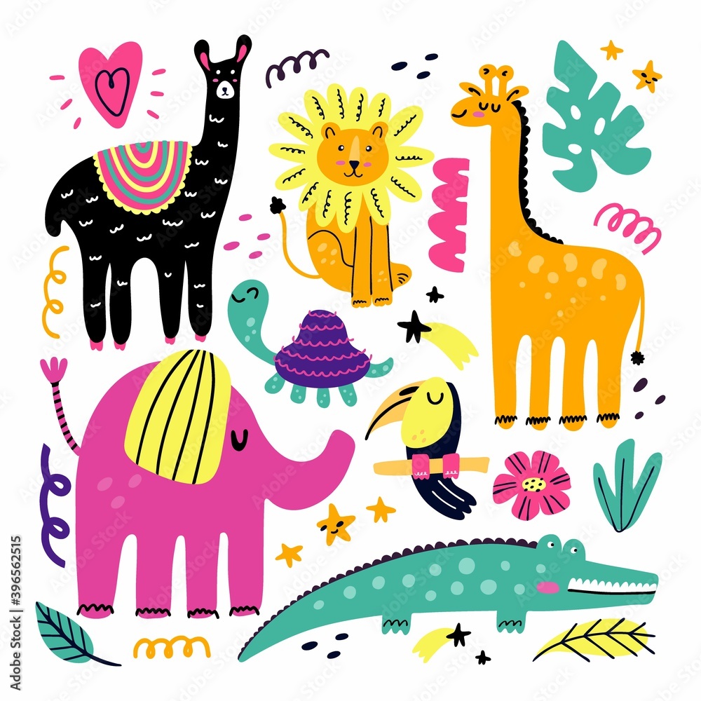 Fototapeta premium Doodle animals. Animal collection in minimalist style, funny llama, lion and giraffe, pink elephant, toucan bird and crocodile, tropical kids cartoon vector set for nursery, cards and print decor