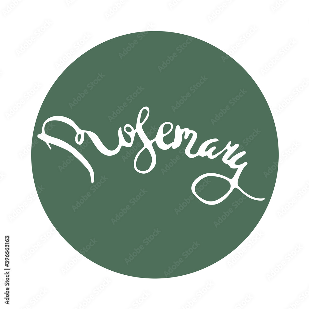 White Lettering herb Rosemary to the olive green circles in isolation. White Lettering herb Rosemary to the olive green circles in isolation.