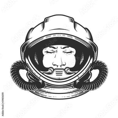 Face of astronaut in space helmet, portrait of spaceman in spacesuit with closed eyes, dreaming cosmonaut, spaceship pilot, vector