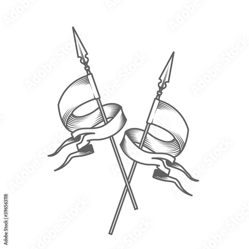 Two crossed heraldic flags, medieval style banners, royal pennant in engraved style fluttering in the wind, vector