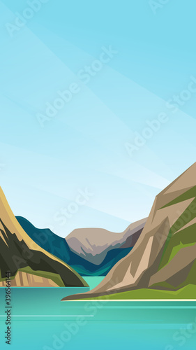 Beautiful scandinavian fjord. Nature landscape in vertical orientation.