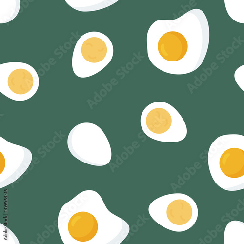 seamless pattern with fried eggs and boiled eggs on green. Vector illustration