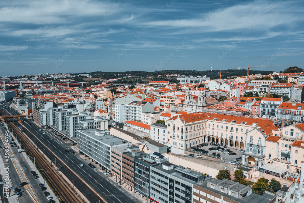 Aerial view over Portuguese capital of Lisbon in October in summer 