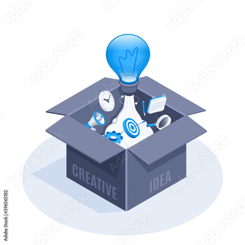 isometric vector illustration isolated on white background, a big light bulb flying out of a black box with the inscription creative idea