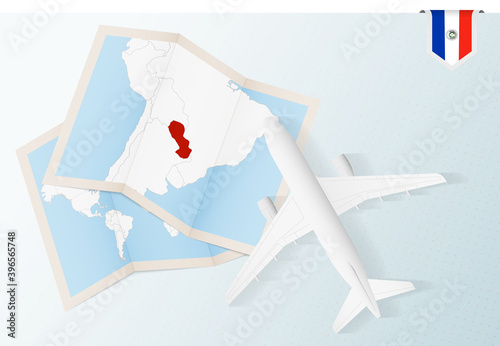 Travel to Paraguay, top view airplane with map and flag of Paraguay.