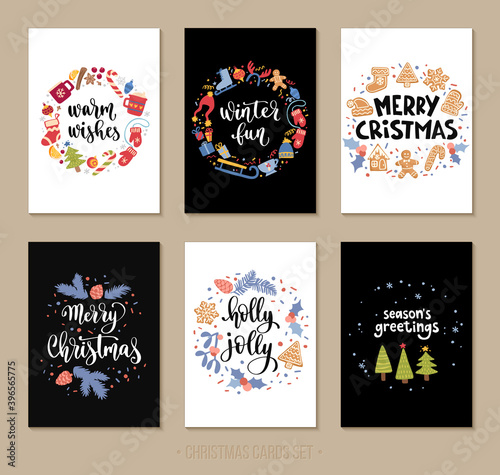 Set Christmas and Happy New Year greeting cards with handwritten lettering and decorative winter holiday elements.