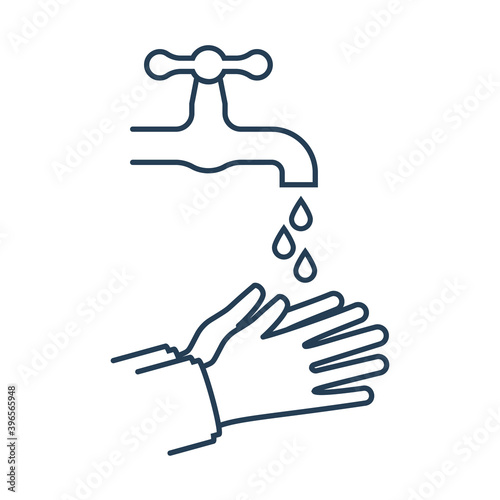 To wash hands black line icon. Hands under the water tap. Vector illustration flat design isolated on white background. Personal hygiene. Disinfection, skin care. Antibacterial washing.