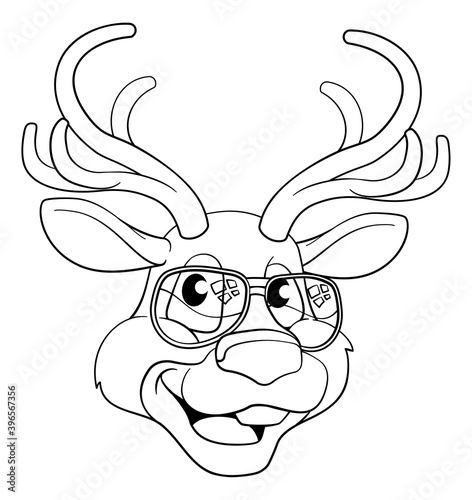 A cool Christmas Santas reindeer cartoon character in sunglasses. In black and white outline like a coloring book page.