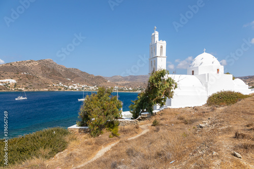 View of the Agia Irini, Saint Irene, Greek Orthodox church, Chora, Ios Island, Greece.