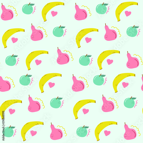 Hand drawn seamless pattern of fruits. Color banana, pear and apple. Cute childish design. Flat illustration.