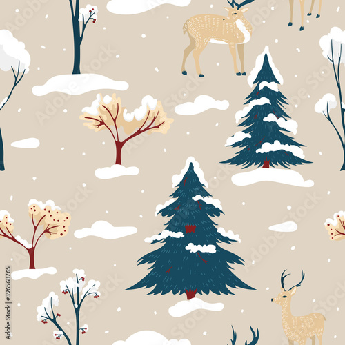 Seamless Christmas pattern with forest and deer