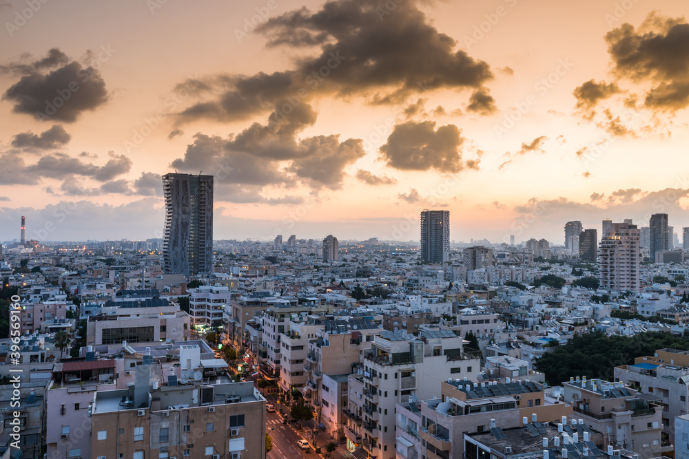 Aerial view of Tel Aviv City with modern skylines and luxury hotels near the Tel Aviv Port in the morning in Israel.
