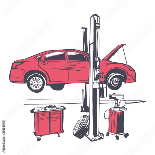Car repair icon. Vehicle liffting. Sign of service maintenance transport. Vector illustration sketch design. Isolated on background. Elevator automobile. Service station. Raise car to top diagnosis.