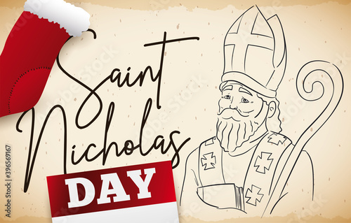 Scroll, Portrait, Calendar and Stockings for Saint Nicholas Day Celebration, Vector Illustration