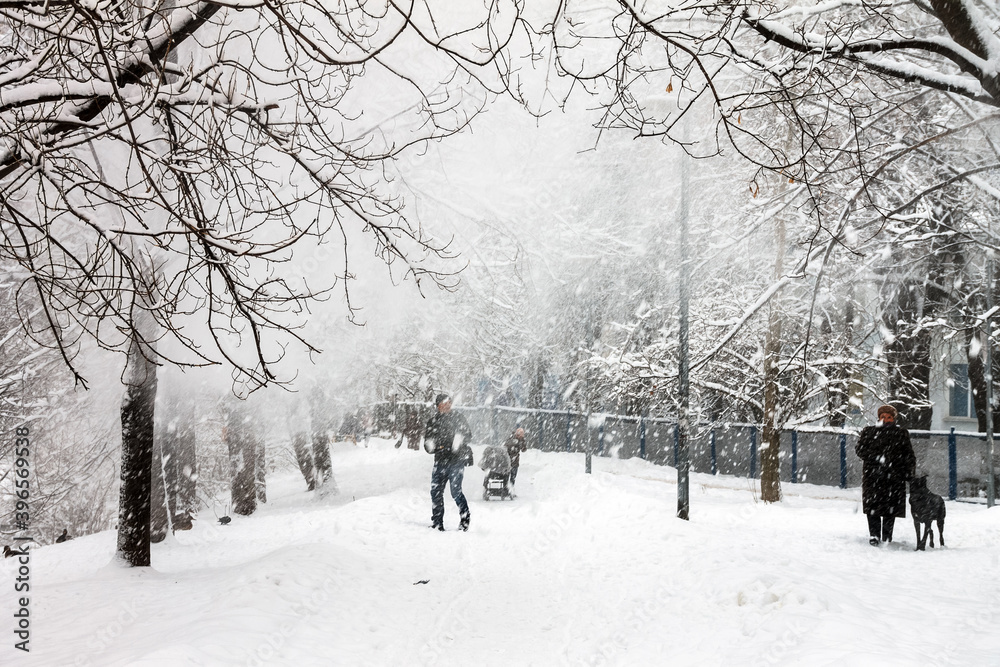Snow-covered Park. Heavy snow covered people, trees, streets, houses. Snow storm, Blizzard in the city. Huge snowdrifts lie on the road. White snow falls in the Park during the day. Snow-covered Park. Heavy snow covered people, trees, streets, houses. Snow storm, Blizzard in the city. Huge snowdrifts lie on the road. White snow falls in the Park during the day.