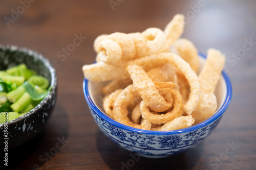 Photography Pork rinds also known as chicharon or chicharrones,