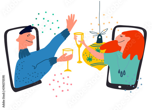 Online celebration, remote party. Young people raising glassees through phone screens. Vector illustration in flat style. Social awareness during Covid-19 concept. Christmas 2020 concept