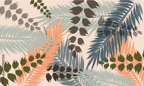 Abstract composition of various tropical twigs and leaves in pastel colors