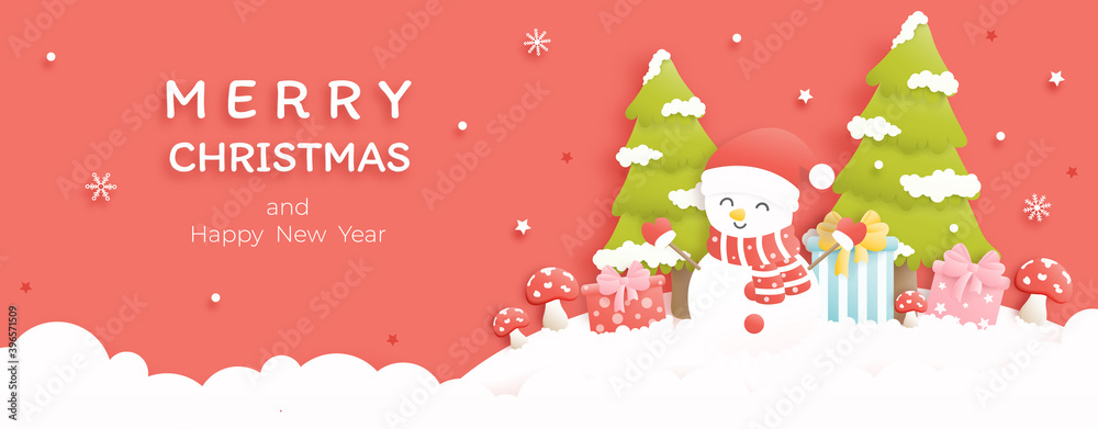 Merry Christmas and happy new year banner background with pine tree, snowman,gift box. Paper art vector illustration
