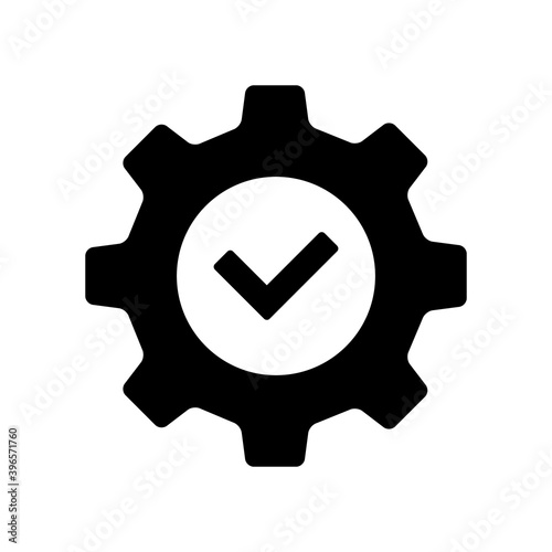 Tick gear icon. Technical repair outline symbol. Vector illustration isolated on white.
