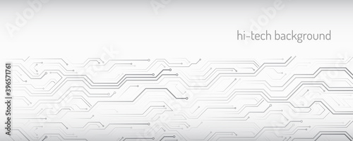 Wide High-tech circuit board design. Innovation concept. Abstract futuristic communication vector illustration. Sci fi technology on the grey background.