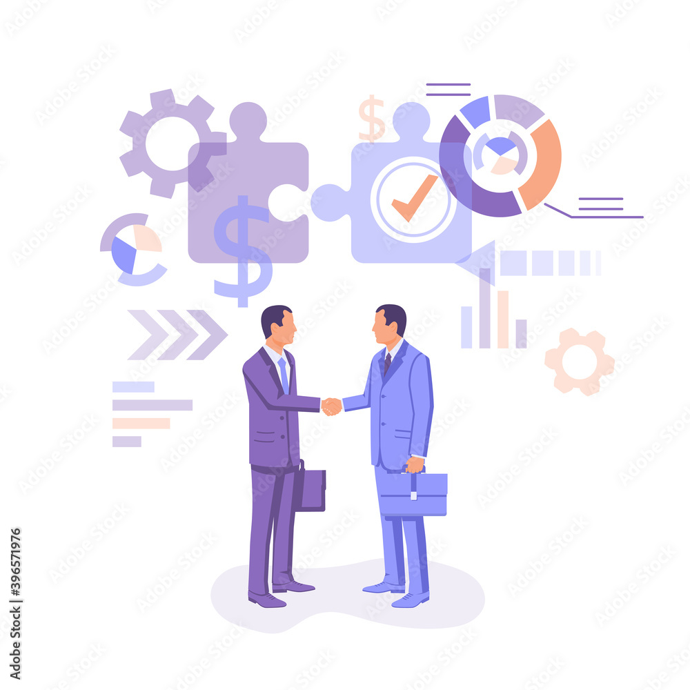Partnership concept. Business meeting. Two businessmen in suits with briefcase shake hand. Handshake symbol successfu deal. Vector illustration flat design isolated on background. Professional people. Partnership concept. Business meeting. Two businessmen in suits with briefcase shake hand. Handshake symbol successfu deal. Vector illustration flat design isolated on background. Professional people.