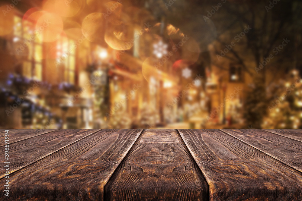 Wooden desk on christmas interior background, new year concept Wooden desk on christmas interior background, new year concept