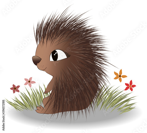 Happy hedgehog sitting on grass and flowers and enjoying the view