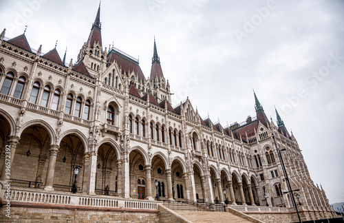 The Hungarian Parliament building on a rainy fall day in Budapest, the capital of Hungary.