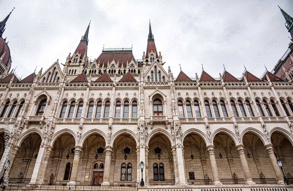 The Hungarian Parliament building on a rainy fall day in Budapest, the capital of Hungary.