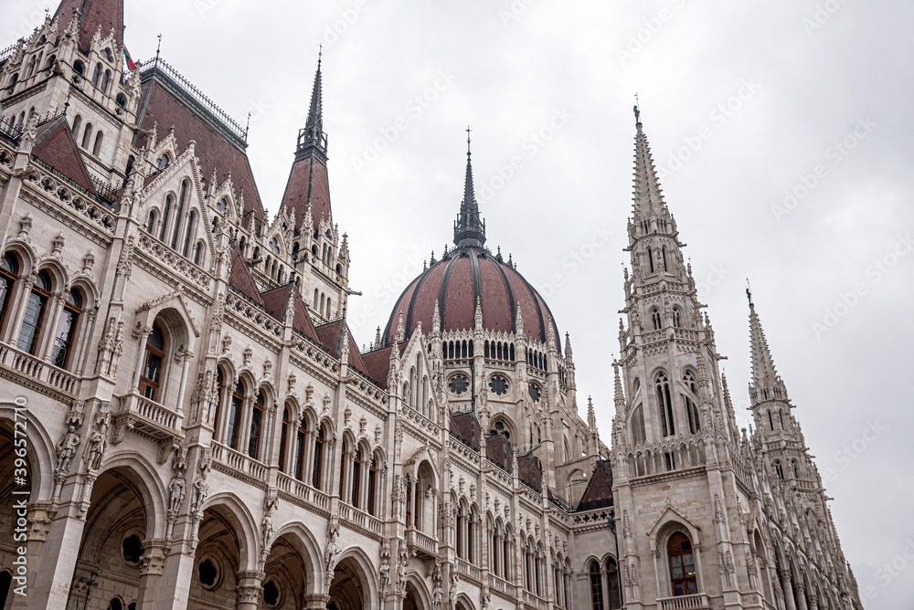 The Hungarian Parliament building on a rainy fall day in Budapest, the capital of Hungary.