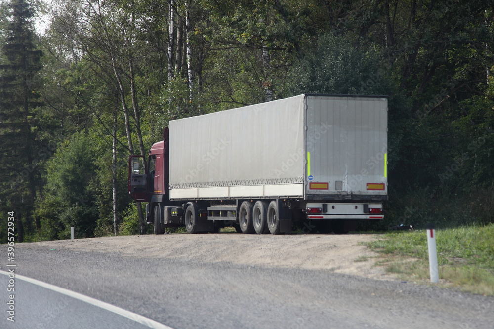 European semi truck with grey awning van trailer parked on roadside Parking at summer day on green forest background, driver work time leisure, Cargo logistics, goods delivery on road transportation