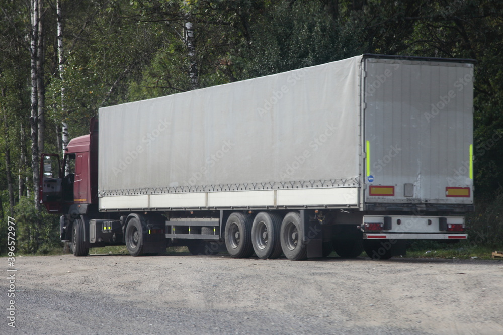 European semi truck with gray tented van trailer parked on roadside Parking at summer day on green forest background, driver work time vacation, Cargo logistics, goods delivery on road transportation