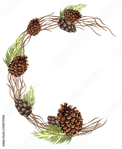Abstract composition of a semicircle made of pine cones, leaves and twigs