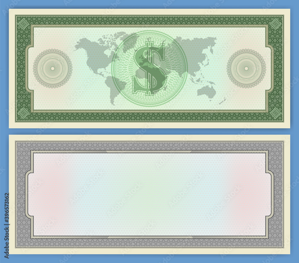 Sample form of a paper check or banknote with a dollar sign without ...