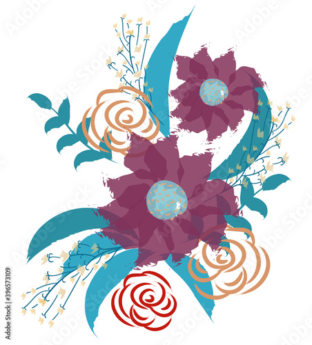 Composition of abstract wild flowers, leaves and twigs