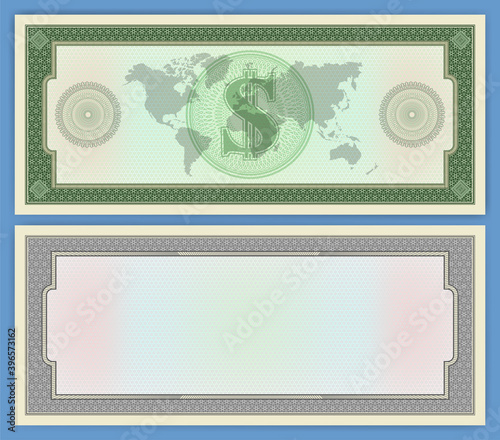 Sample form of a paper check or banknote with a dollar sign without denomination. Green, gray frames. Guilloche patterns. Obverse and reverse of bond. Map of world. EPS10