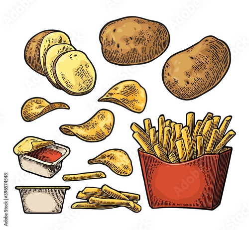 French fry stick potato in paper box and chips.