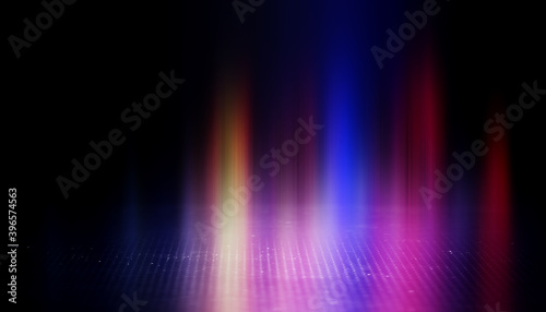 Neon abstract light rays on a dark background. Light effect, laser show, surface reflection. Ultraviolet radiation, nightclub. 3d illustration