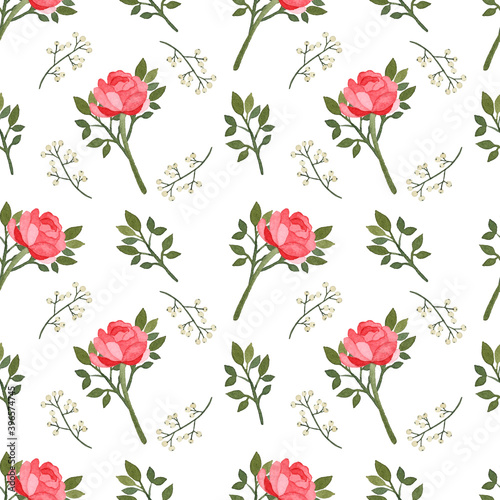Peony with leaves branch watercolor seamless pattern on white background