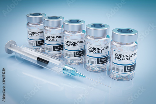 ampoules with Covid-19 vaccine on a laboratory bench. to fight the coronavirus. 3d render