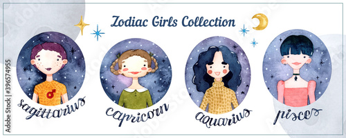 Zodiac girls horoscope signs isolated watercolor elements set with lettering
