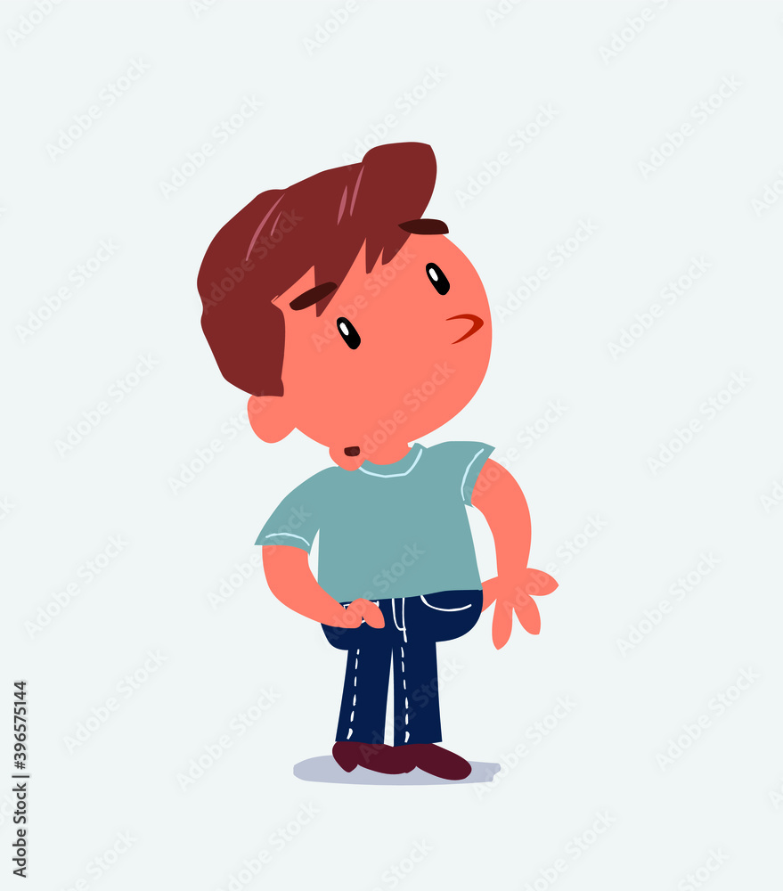 cartoon character of little boy on jeans looks with doubt and somewhat surprised
