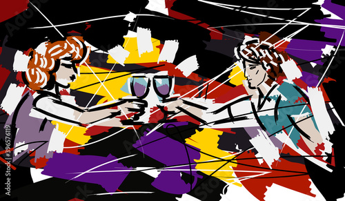 outsider art face doodle graffiti of a couple toasting with wine