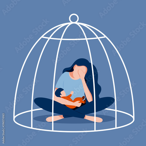 Exhausted mother and baby in cell. Postnatal depression. Postpartum depression. Vector illustration in flat style.