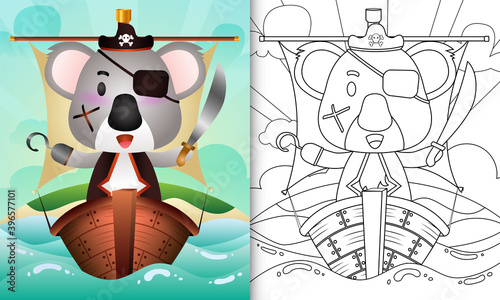 coloring book for kids with a cute pirate koala character illustration on the ship