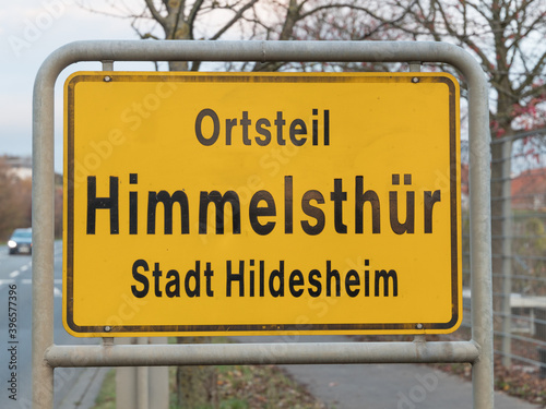 yellow place name sign district Himmelsthür, city Hildesheim in Germany, there is a famous post office where you can send christmas whish letters 