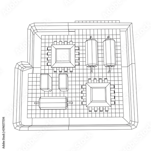 Circuit board in case. Electronic computer components motherboard.