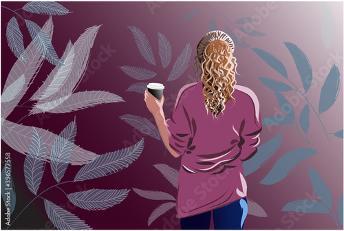 Back view of a blonde woman in pink t-shirt and jeans holding a cup of coffee
